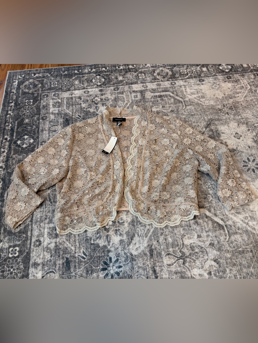 R&M Richards Beige Lace Scalloped Open-Front Shrug